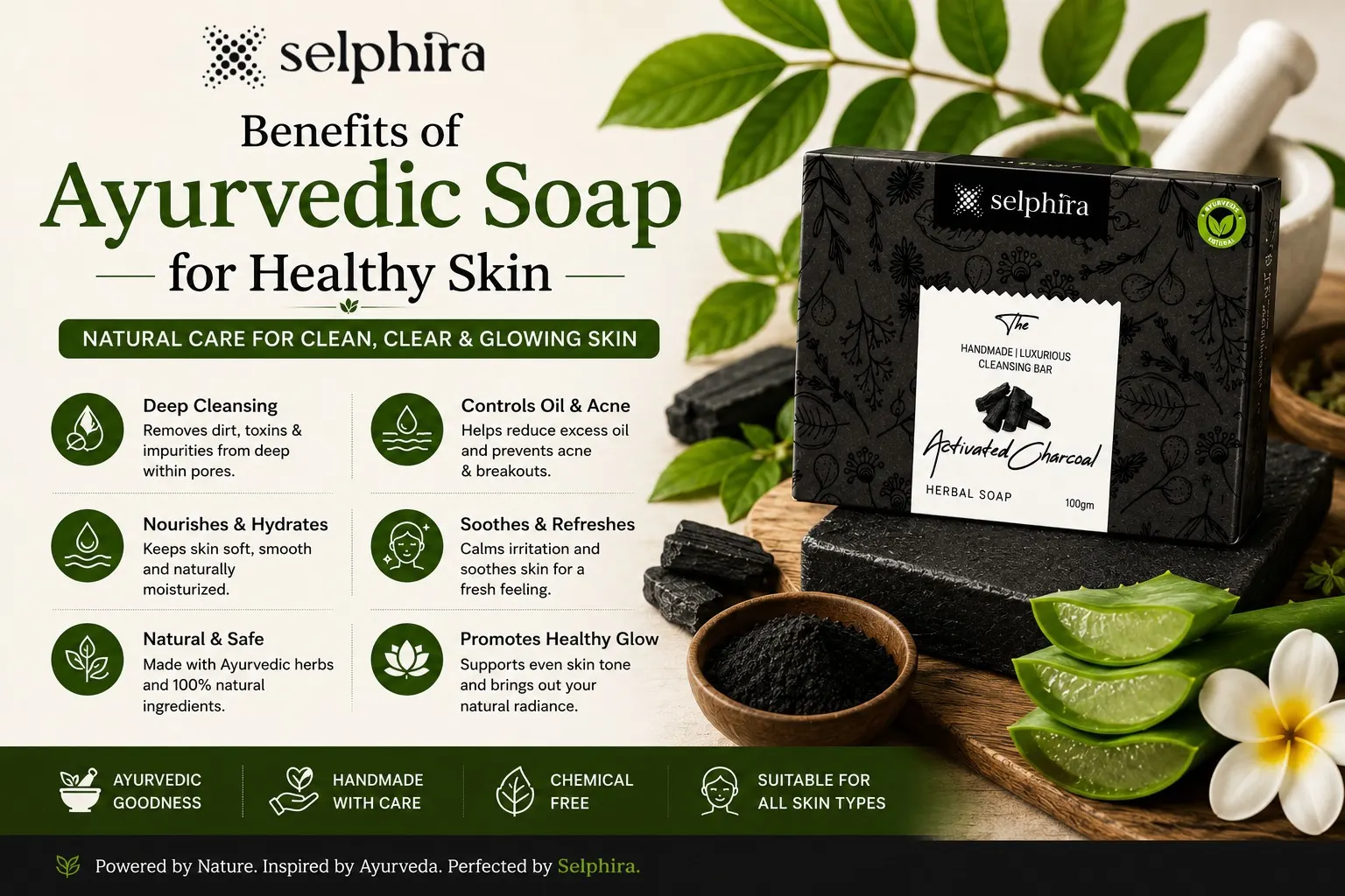 Selphira Charcoal Ayurvedic Cleansing Bar with natural herbs for healthy and glowing skin