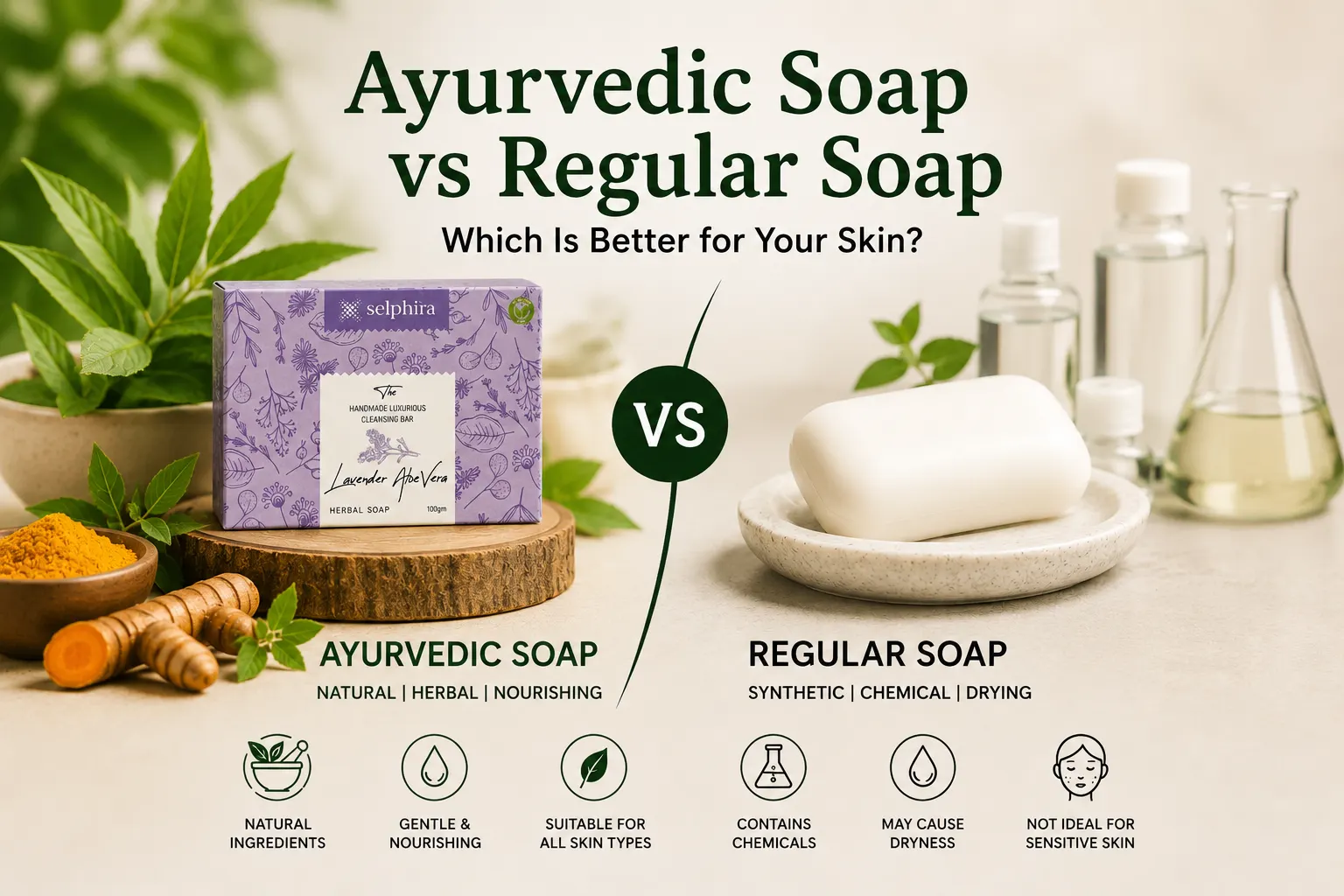 Comparison of Ayurvedic Soap vs Regular Soap showing natural herbal ingredients and chemical-based soap for healthy skincare.