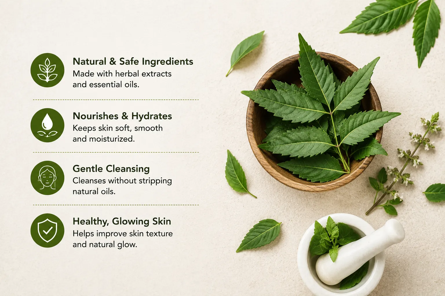 Natural Ayurvedic ingredients showcasing Ayurvedic soap benefits, including gentle cleansing, hydration, healthy glowing skin, and herbal skincare advantages.