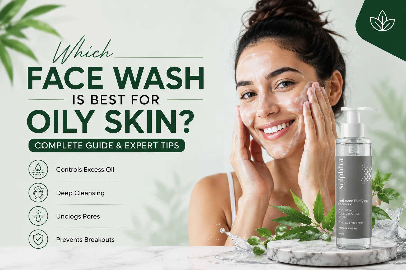 Woman using Selphira Anti Acne Purifying Facewash for oily skin with neem, tulsi, and tea tree extracts for deep cleansing and oil control