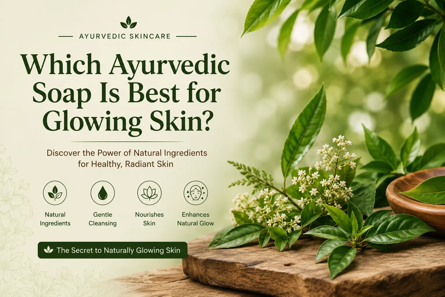 Natural Ayurvedic skincare blog banner featuring herbal leaves and botanical elements with the title Which Ayurvedic Soap Is Best for Glowing Skin.