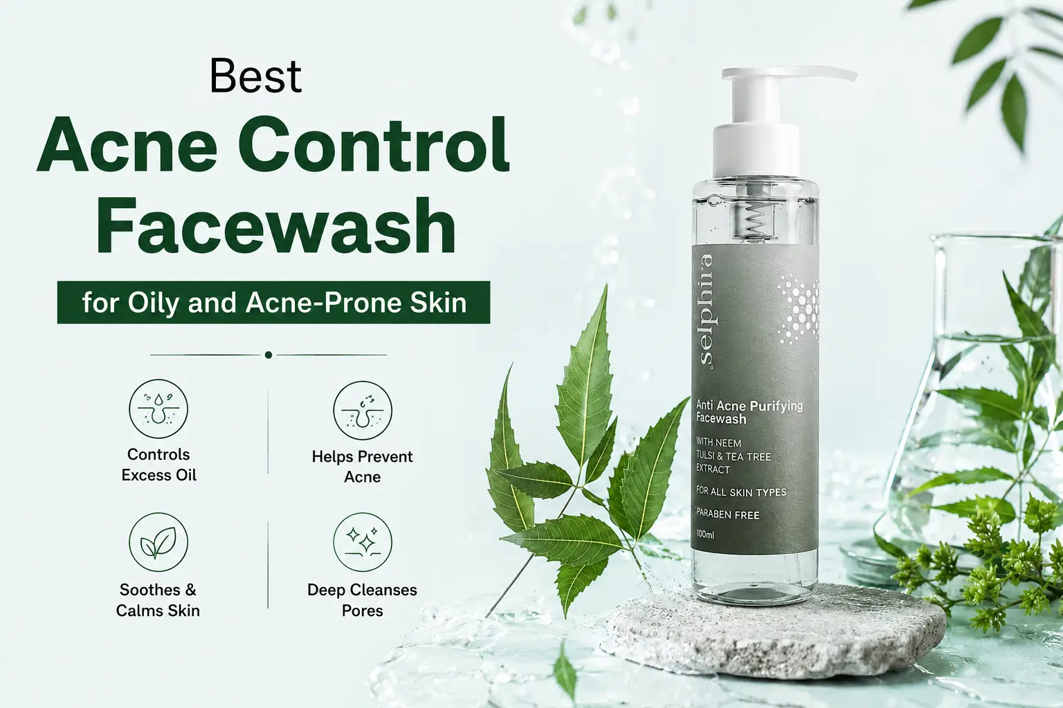 Selphira Anti Acne Purifying Facewash with neem, tulsi, and tea tree extract.