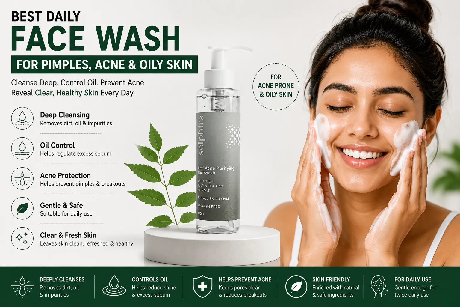 Selphira Anti Acne Purifying Facewash for pimples, acne, and oily skin with neem, tulsi, and tea tree extract for daily skincare.