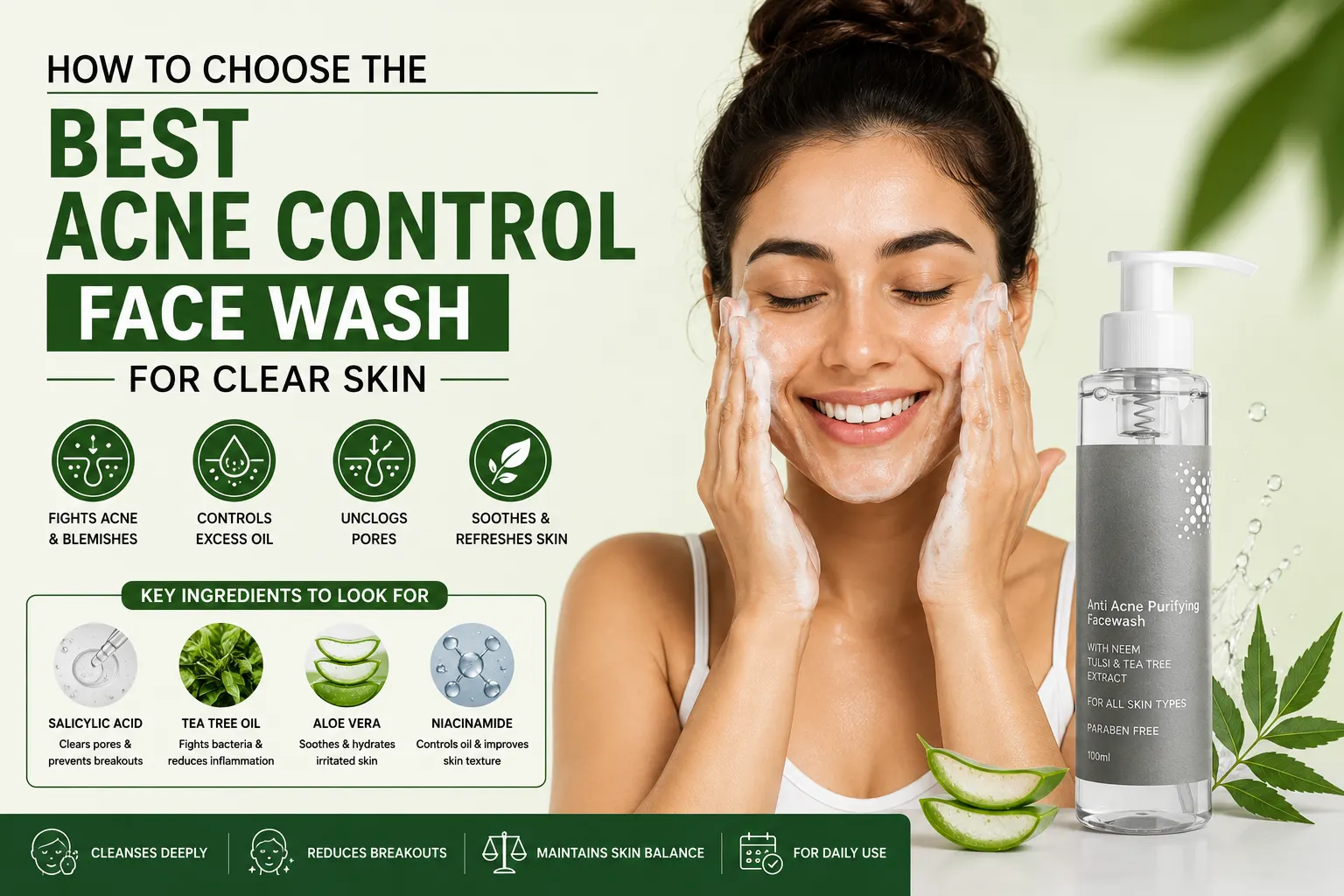 Woman using Acne Control Face Wash for clear and healthy skin with Selphira skincare products