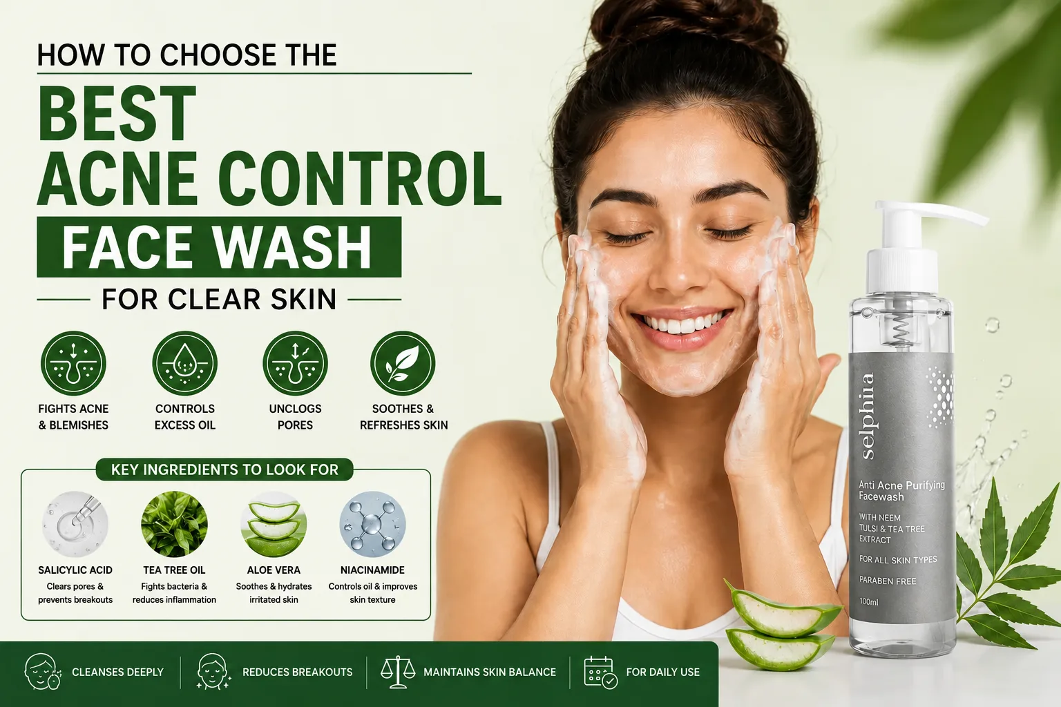 Woman washing her face with acne control face wash featuring salicylic acid, tea tree oil, aloe vera, and niacinamide for clear, healthy skin.