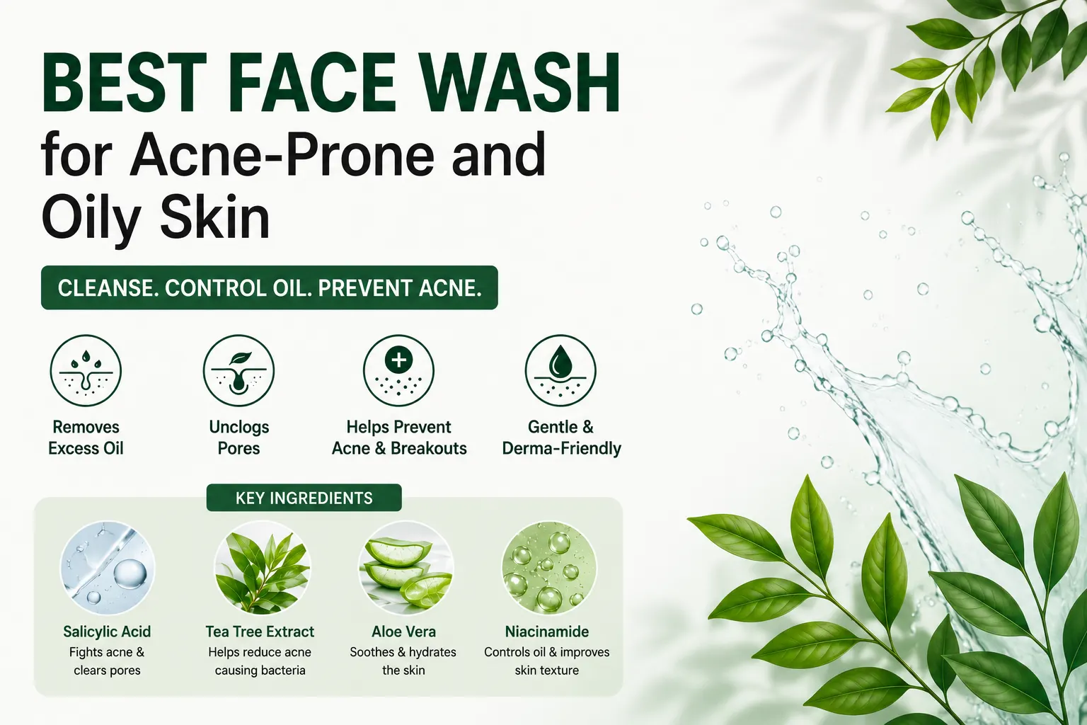 Best Face Wash for Acne-Prone and Oily Skin featuring acne control skincare ingredients like Salicylic Acid, Tea Tree Extract, Aloe Vera, and Niacinamide by Selphira.