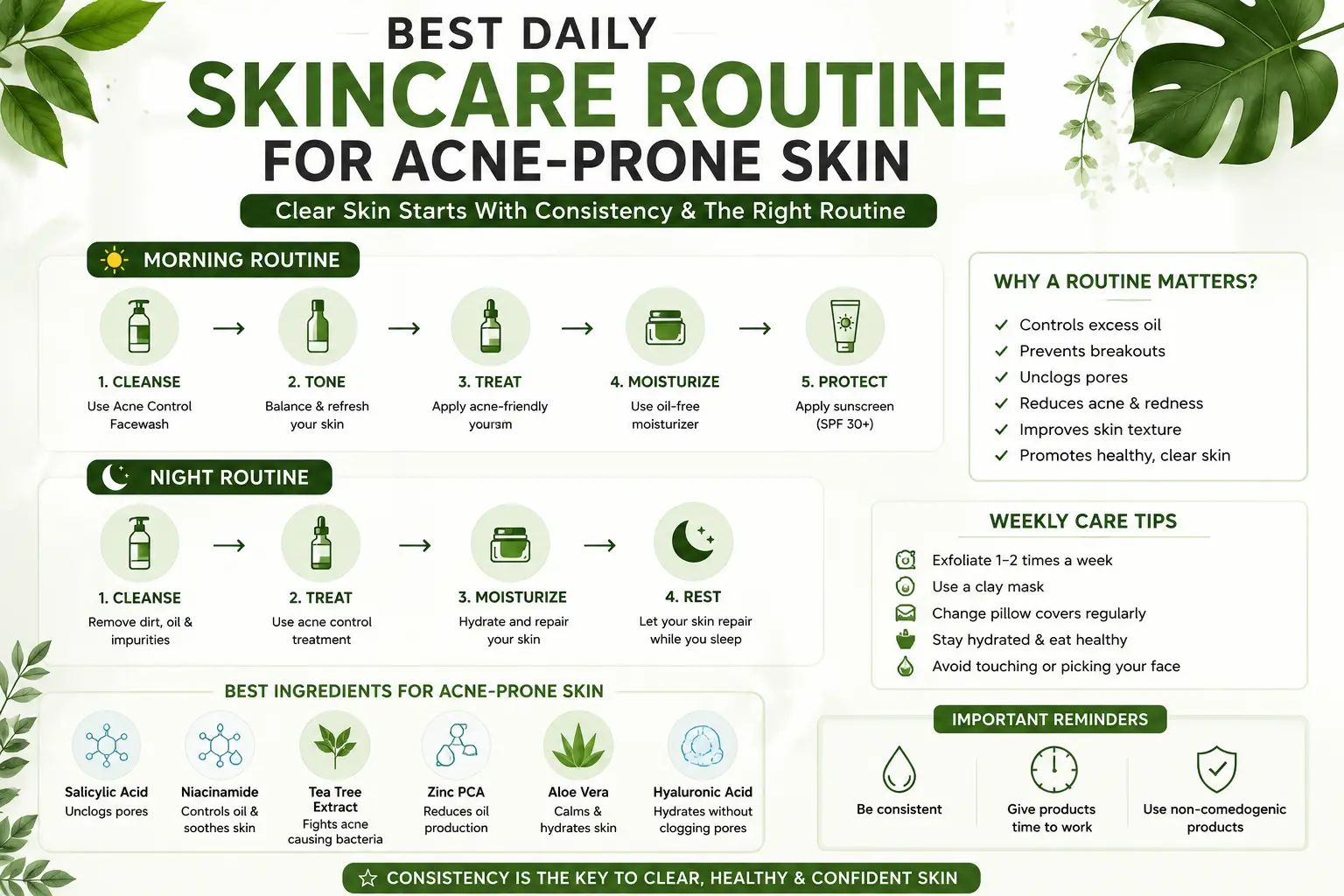 Infographic showing the best daily skincare routine for acne-prone skin, including morning and night skincare steps, acne-fighting ingredients, and weekly skincare tips.
