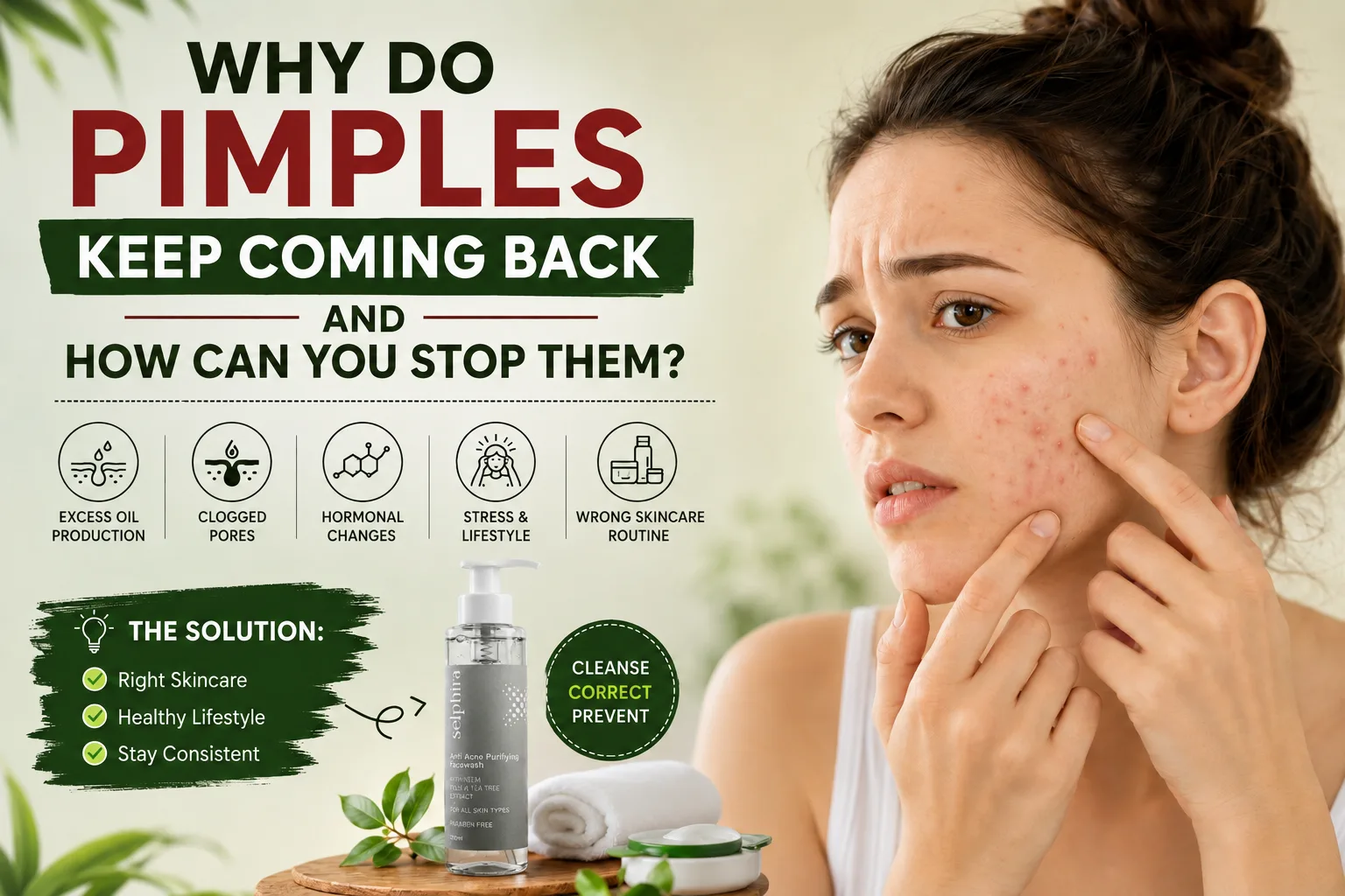 Selphira Anti Acne Purifying Facewash infographic explaining the causes of recurring pimples, including excess oil, clogged pores, hormonal changes, stress, and incorrect skincare routine, with an acne-prone woman.