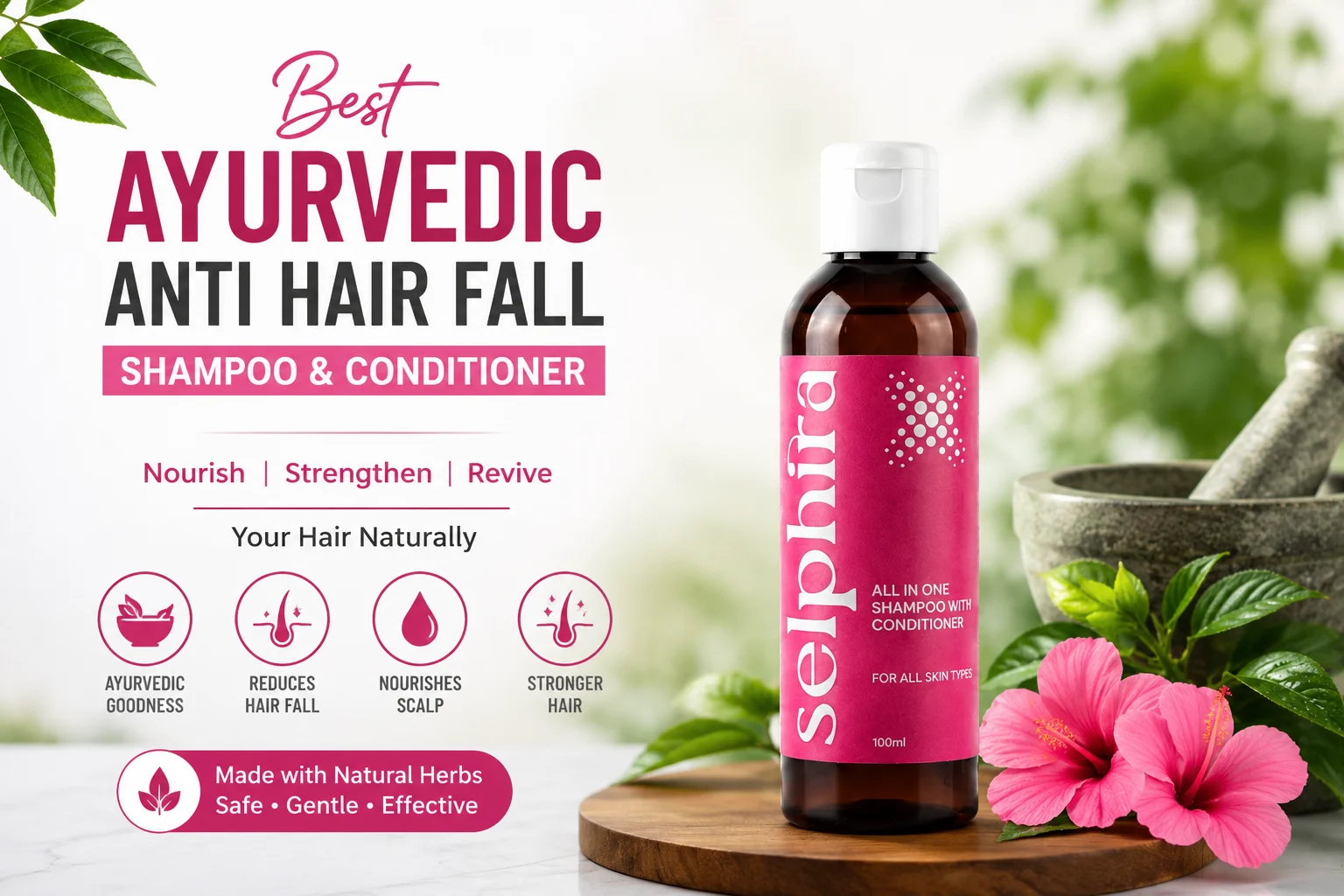 Selphira Ayurvedic Anti Hair Fall Shampoo and Conditioner with natural herbal ingredients for reducing hair fall, nourishing the scalp, and promoting healthy hair growth.