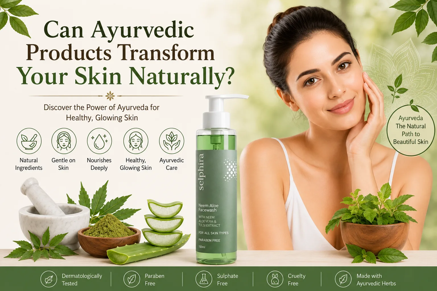 Woman with glowing skin alongside Selphira Neem Aloe Face Wash and Ayurvedic ingredients including neem, aloe vera, turmeric, and sandalwood for natural skincare.