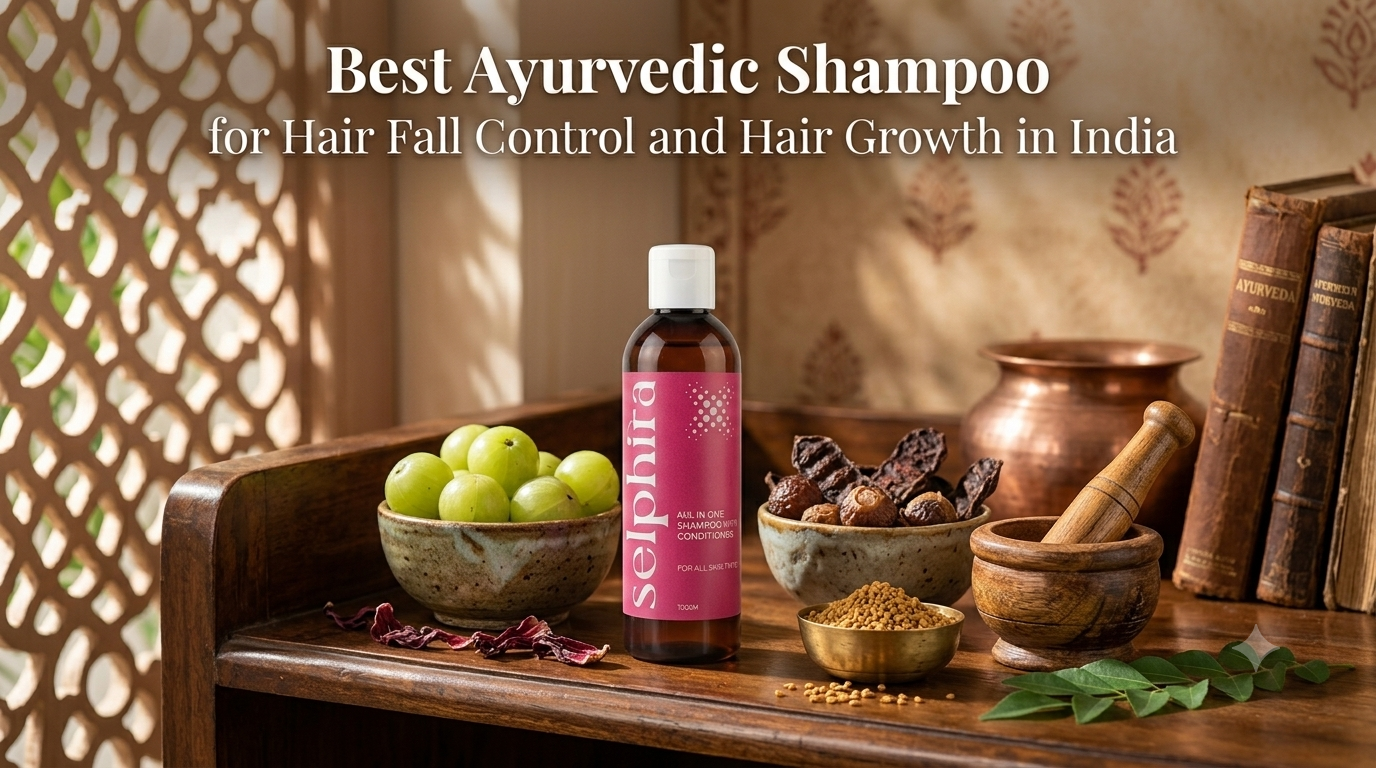 Bottle of Selphira Ayurvedic Shampoo with natural herbs, amla, and hibiscus for hair fall control, healthy scalp, and natural hair growth in India.