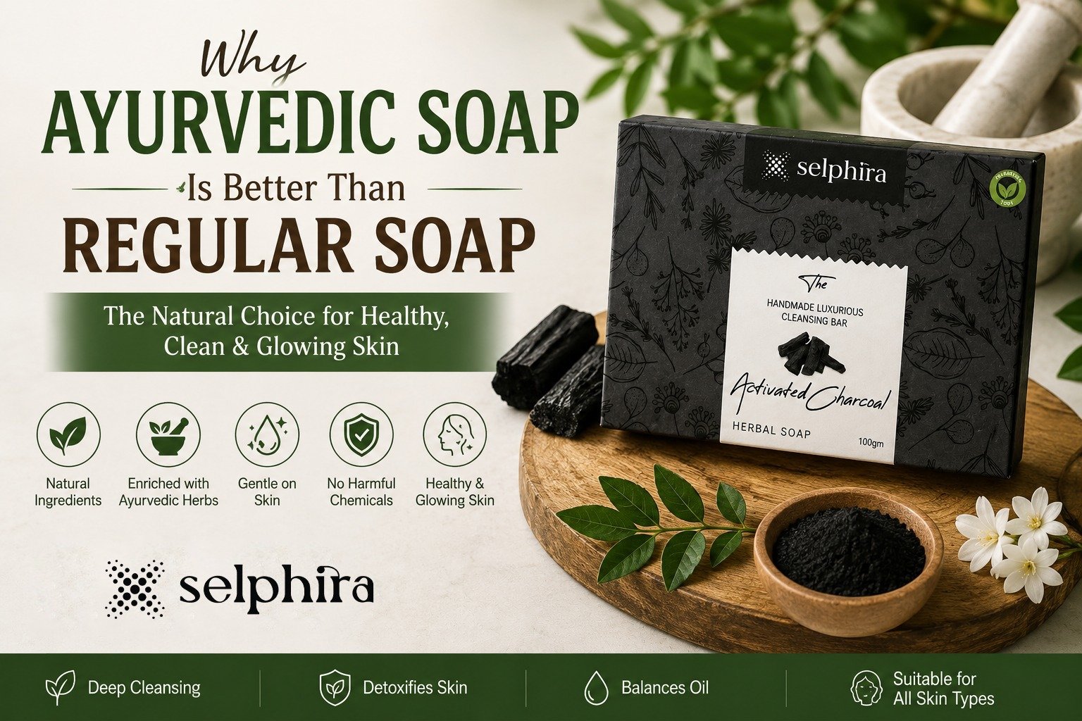 Selphira Activated Charcoal Ayurvedic Soap with natural herbal ingredients showing the benefits of Ayurvedic soap over regular soap for healthy and glowing skin
