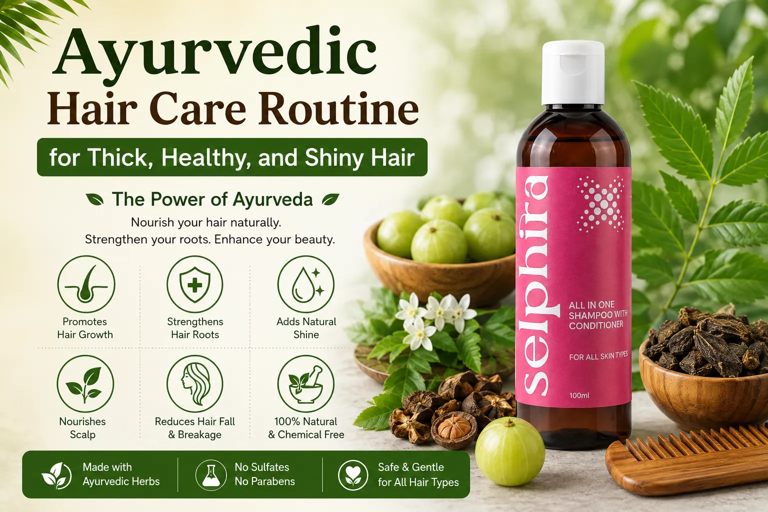 Ayurvedic Shampoo bottle with natural Ayurvedic ingredients like amla and herbs promoting thick, healthy, strong, and shiny hair naturally.