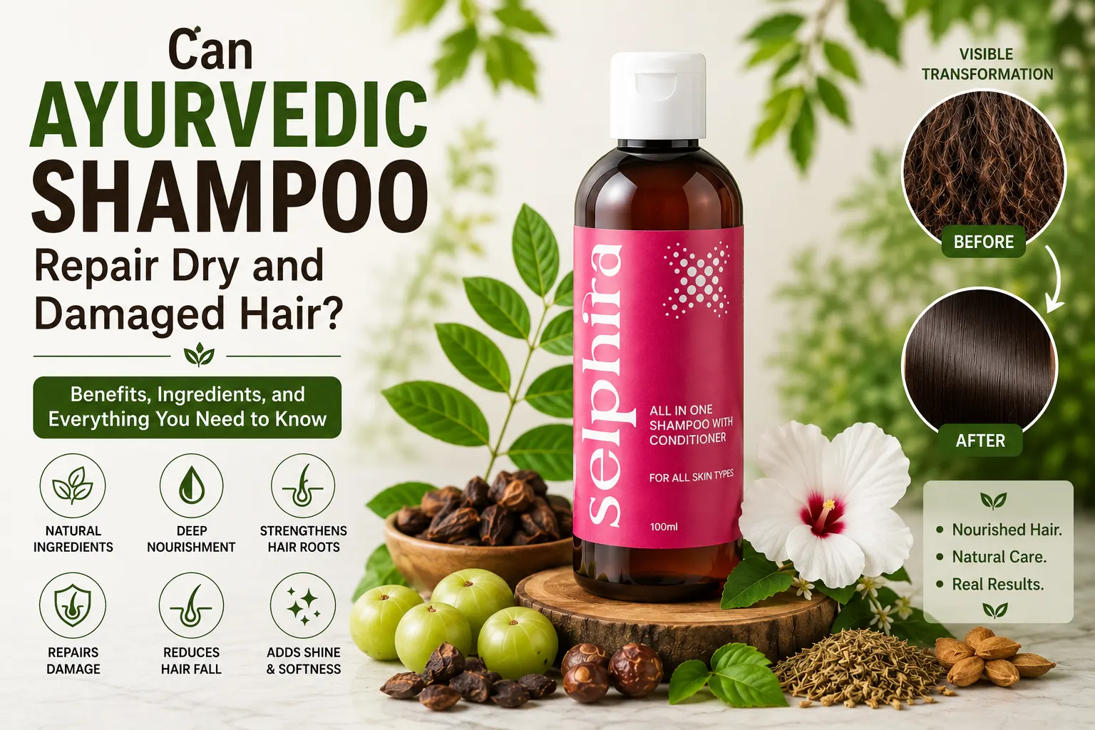 Selphira Ayurvedic Shampoo for repairing dry and damaged hair with natural Ayurvedic ingredients like Amla, Shikakai, Reetha, and Hibiscus for healthy, nourished hair.