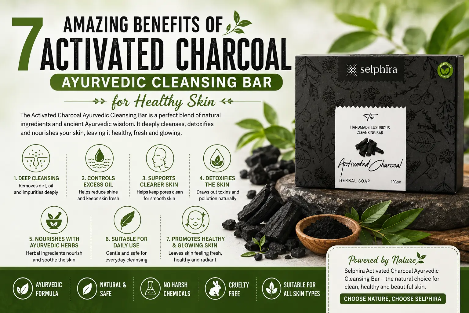 Selphira Activated Charcoal Ayurvedic Cleansing Bar showcasing the 7 amazing benefits for healthy skin, including deep cleansing, detoxification, oil control, and natural Ayurvedic skincare.