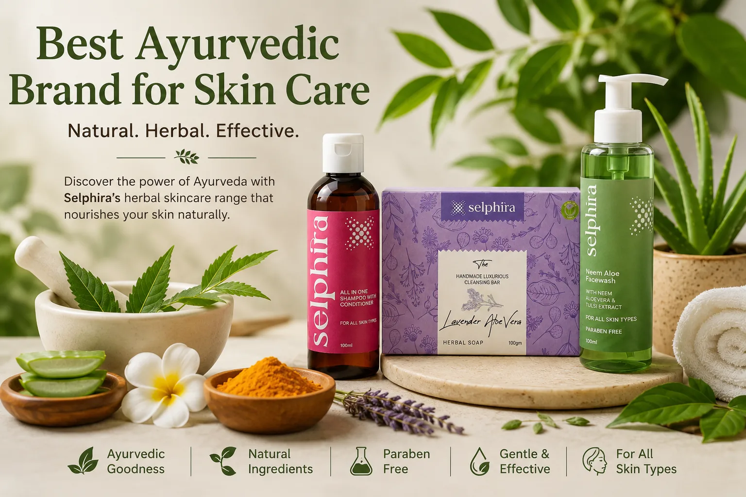 Best Ayurvedic Brand for Skin Care featuring Selphira Ayurvedic Cleansing Bar, Neem Aloe Face Wash, and Herbal Shampoo made with natural Ayurvedic ingredients.