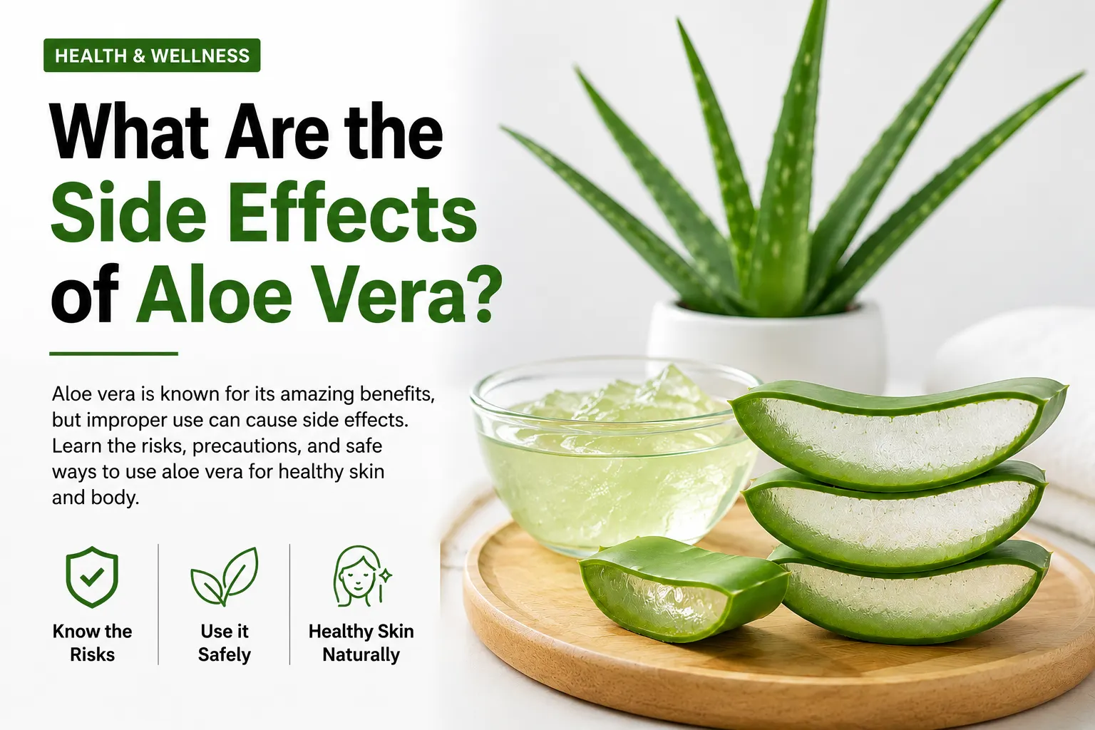 Infographic showing the side effects of aloe vera with fresh aloe vera leaves, aloe gel, and tips on safe use for healthy skin.