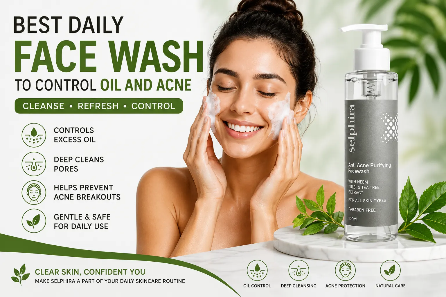 Selphira Anti Acne Purifying Facewash for daily oil control and acne-prone skin with neem, tulsi, and tea tree extract