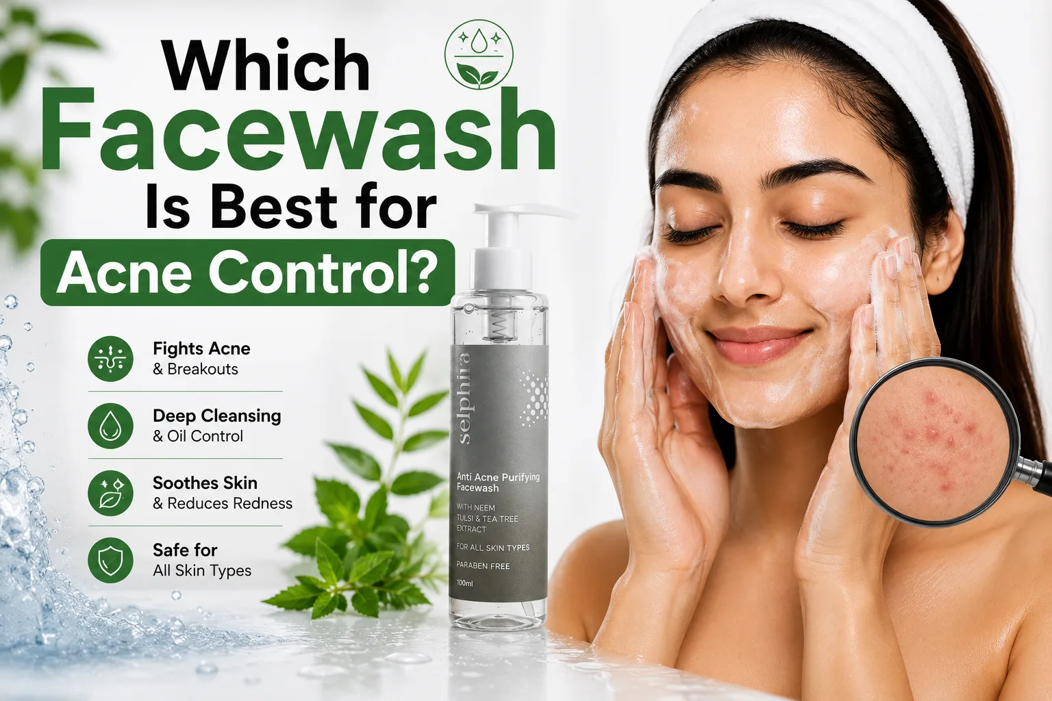 Woman washing her face with Selphira Anti Acne Purifying Facewash for acne control, deep cleansing, and clear skin.