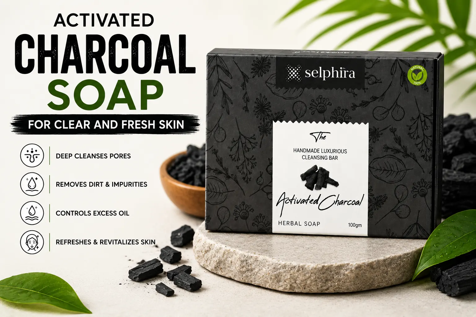 Selphira Activated Charcoal Soap for clear and fresh skin with deep cleansing, oil control, and natural herbal ingredients.