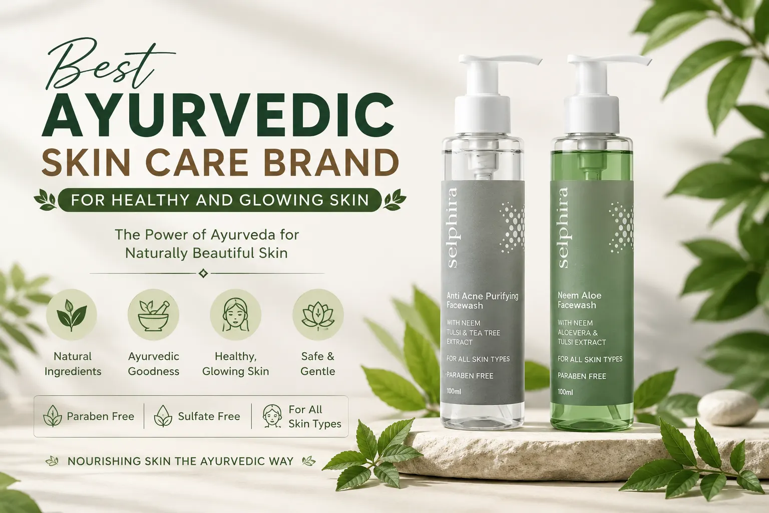Best Ayurvedic Skin Care Brand by Selphira featuring Neem Aloe Facewash and Anti Acne Purifying Facewash for healthy and glowing skin