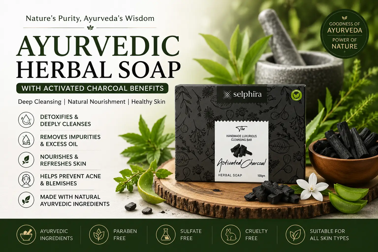 Selphira Ayurvedic Herbal Soap with Activated Charcoal for deep cleansing, oil control, acne care, and naturally healthy skin.