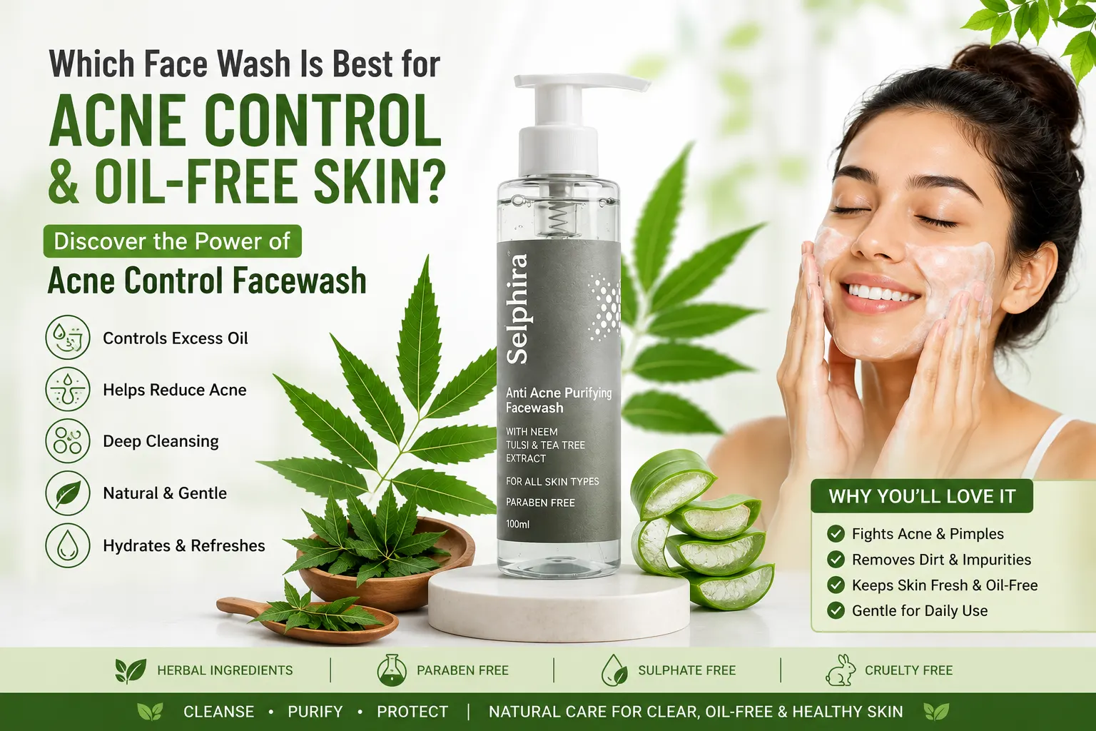 Selphira Acne Control Facewash with neem and tea tree for acne-prone, oily skin, helping reduce pimples, control excess oil, and provide deep cleansing naturally.