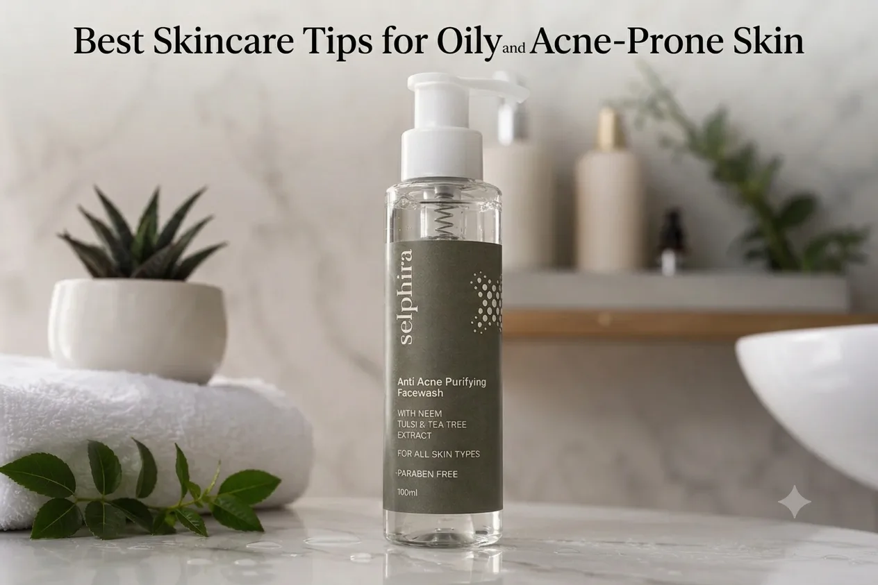 selphira Anti-Acne Purifying Facewash bottle on a marble countertop for oily skin care routine.